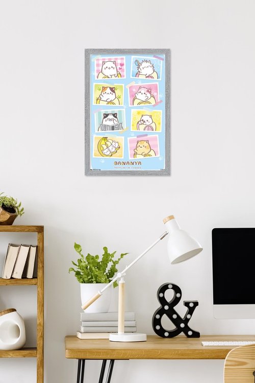 Bananya - Grid Wall Poster, 22.4L" x 14.7W", Gray Framed Version