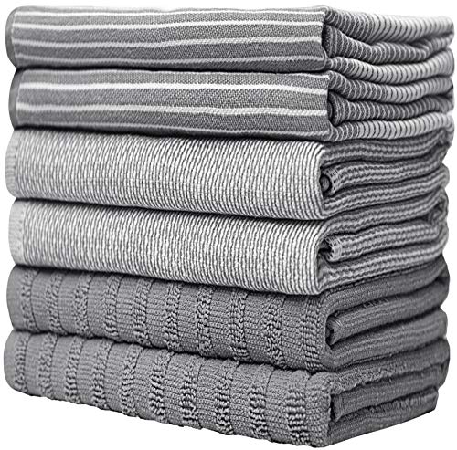 100% Cotton Kitchen Towels 6 Pack - 20"x28" Absorbent Dish Towels (Grey)