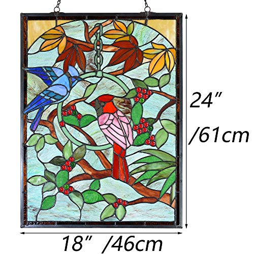 Tiffany Style Stained Glass Window Panel - Blue Jay & Cardinal, 18" x 24"