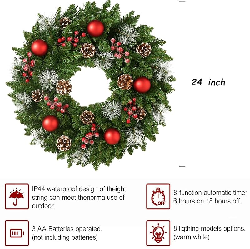 24 Inch Pre-Lit Artificial Christmas Wreath for Front Door, Door