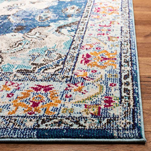 SAFAVIEH Monaco Collection Area Rug - 4' Square, Navy & Light Blue, Boho Chic Medallion Distressed Design, Non-Shedding & Easy Care, Ideal for High Traffic Areas in Living Room, Bedroom (MNC243N)