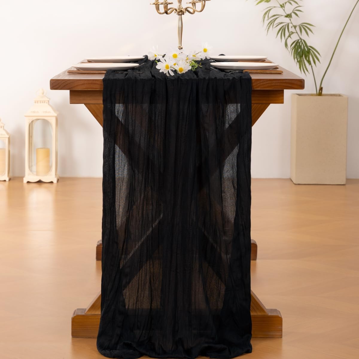 Socomi Black Cheesecloth Table Runner - 120 Inch Boho Rustic Gauze for Weddings & Events