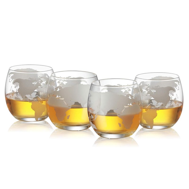 Etched World Decanter Car Whiskey Globe With 4 World Map Glasses - The Wine Savant Whiskey Gift Set Globe Decanter with Antique Car, Whiskey Great Gift Alcohol Related Gift 750ml Decanter 8 Oz glasses