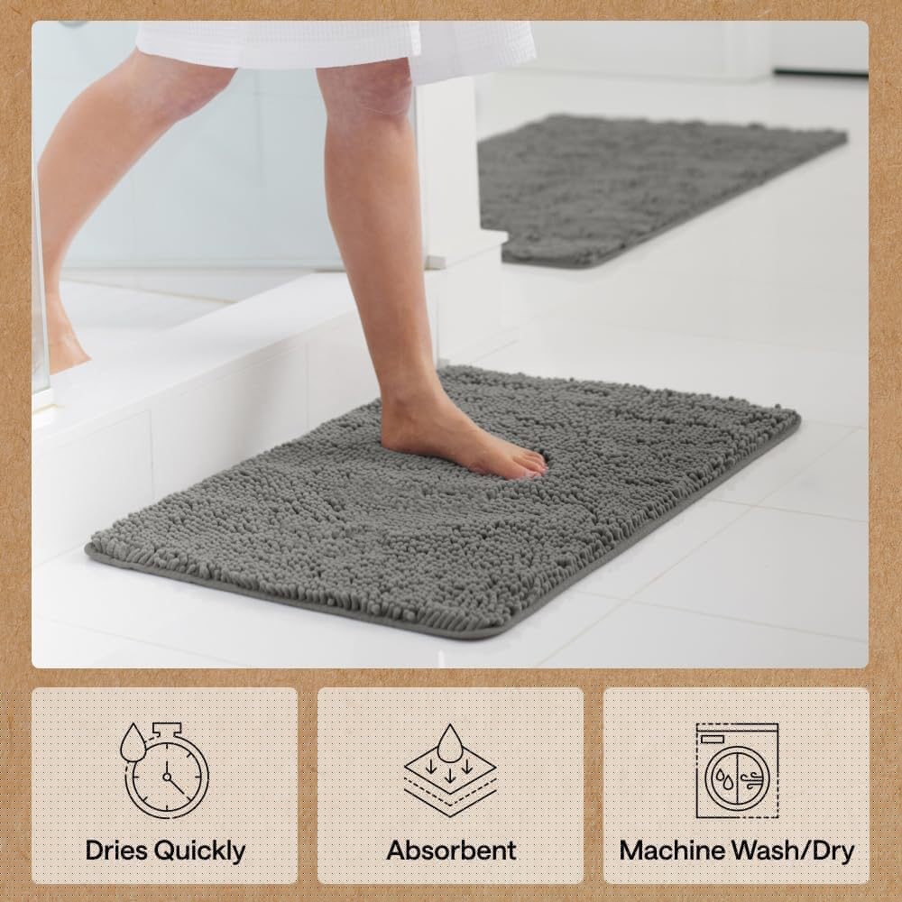 Gorilla Grip Bath Rug Mat - Soft Absorbent Chenille | Quick-Dry Microfiber 30x20, Charcoal