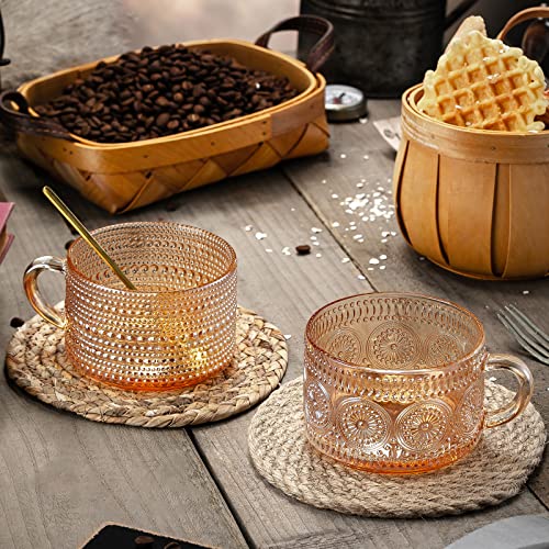 Gezzeny Amber Vintage Coffee Mugs Set of 2 - 14 Oz Embossed Glass Tea Cups for Cappuccino, Latte, Beverage & Gifts