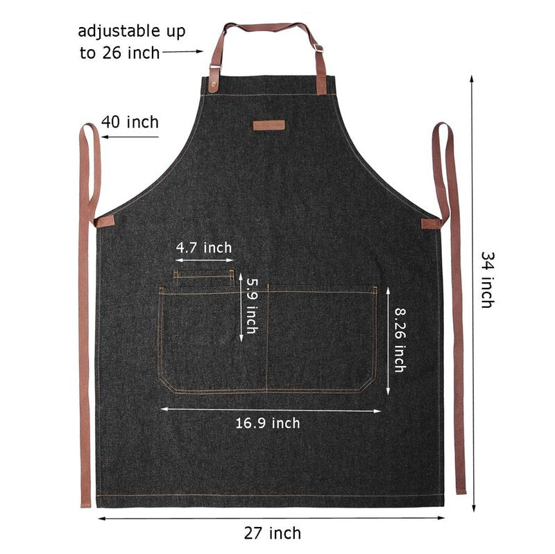DingSay Trendy Server Denim Apron with 3 Pockets for Men Women, Professional Black Bib Aprons for Chef Cooking Kitchen Grilling BBQ, with Adjustable Neck Strap (Black Denim 7#)
