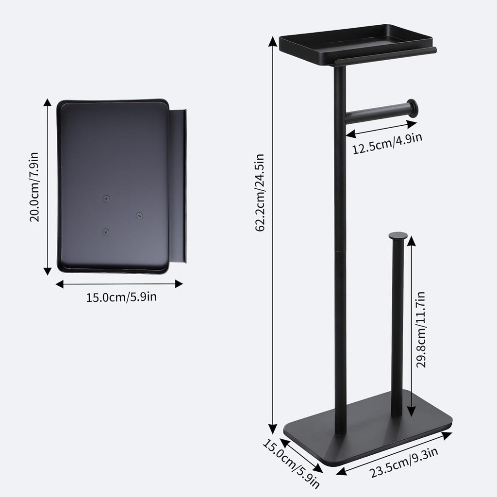 Skiennix Toilet Paper Holder Stand - Rustproof Free Standing Dispenser with Phone Shelf | Black, Holds 4 Rolls