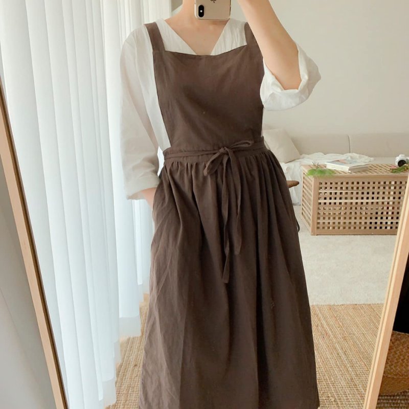 Caatoor Cute Retro Cotton Linen X-Back Aprons Home Kitchen Garden Art Painting Pinafore Florist Shop Overalls (Dark Brown, 42" L)