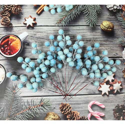 Artificial Snow Berry, 24 pcs Christmas Berries Stems, Artificial Christmas Picks, Berries Stems for Xmas Tree Ornaments Wreath Decorations Home (Light Blue)
