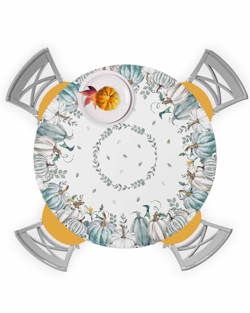 Fall Round Fitted Tablecloth with Elastic Thanksgiving White Teal Pumpkin Tablecloths Eucalyptus Leaves Table Cover for Kitchen Dinner Autumn Holiday Party Picnic Fits Tables up to 55"- 60" Diameter