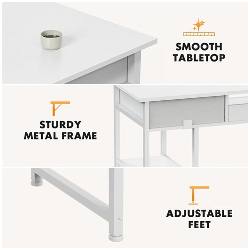 Sweetcrispy Desk with Fabric Drawers, Computer Office 48 Inch Gaming Writing Study 4 Storage Shelves Table for Home Office Bedroom PC Desk, White Wood