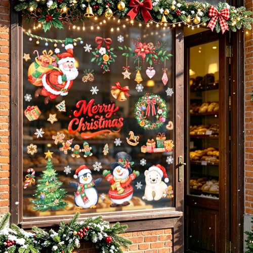 Christmas Santa Snowman Window Clings No Glue Holiday Decor - Santa Claus Variation