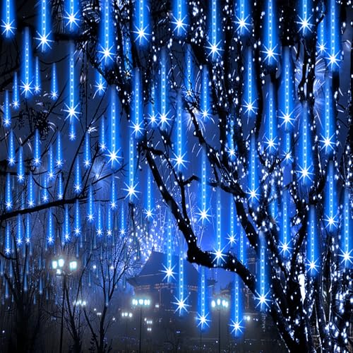 Blue Christmas Icicle Lights Outdoor 24 Tubes 48ft Meteor Shower Rain