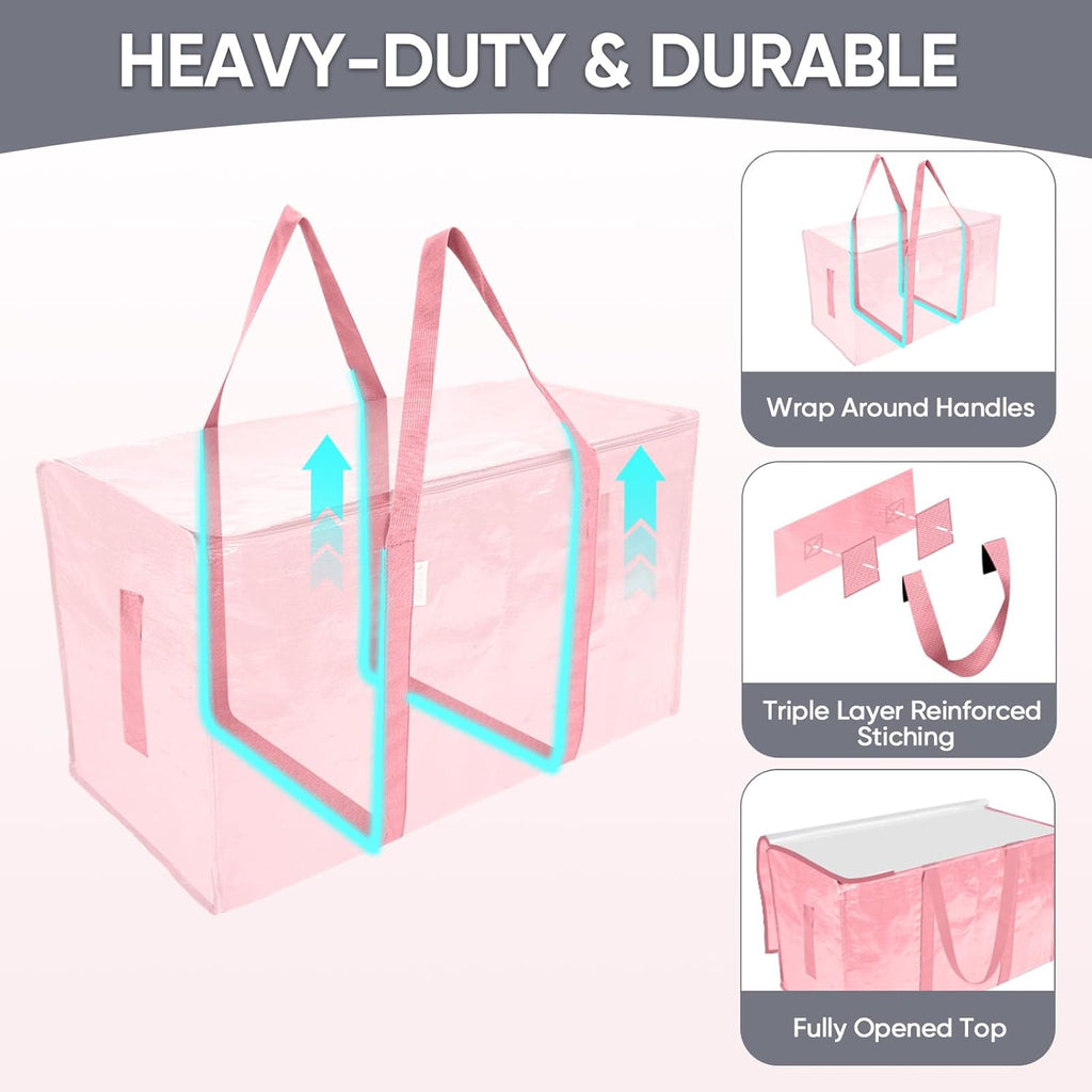 TICONN Extra Large Heavy Duty Moving Bags - Durable Storage with Zippers & Handles | 8 Pack, Coral