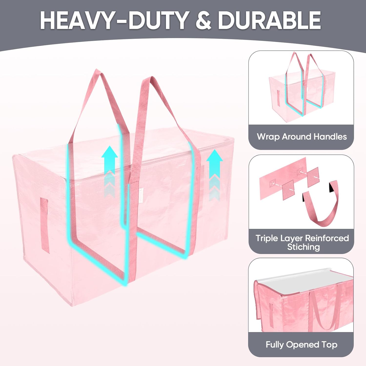 TICONN Extra Large Heavy Duty Moving Bags - Durable Storage with Zippers & Handles | 8 Pack, Coral