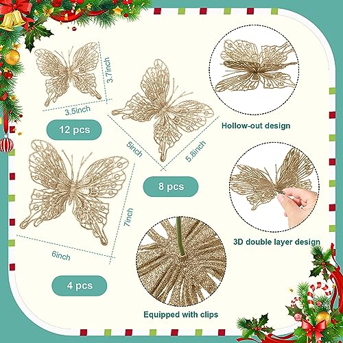 Jutom 24 Pcs Champagne Gold Butterfly Christmas Ornaments – Glitter 3 Sizes with Clips & Stems