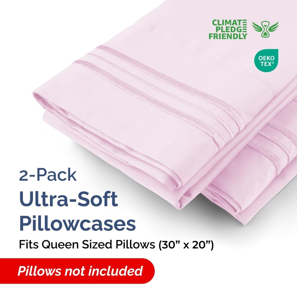 Skiennix Queen Pillow Cases Set of 2 | Ultra Soft Hotel Quality, Wrinkle-Free & Fade Resistant - Pink
