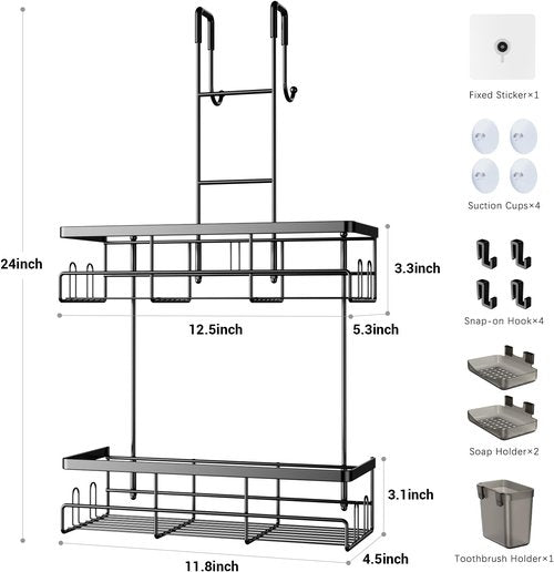 Aitatty Over The Door Shower Caddy - Rustproof Hanging Organizer | No Drilling Black Bathroom Rack