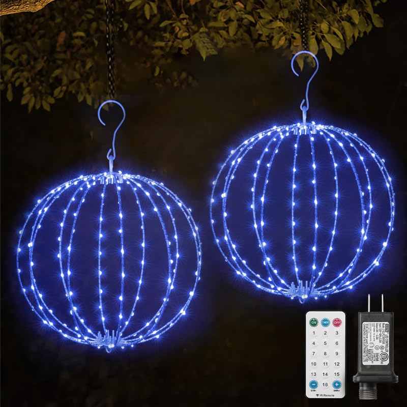 LAMPHOME 2-Pack 12in Blue Foldable Metal Sphere Christmas Lights with 16 Modes & Timer
