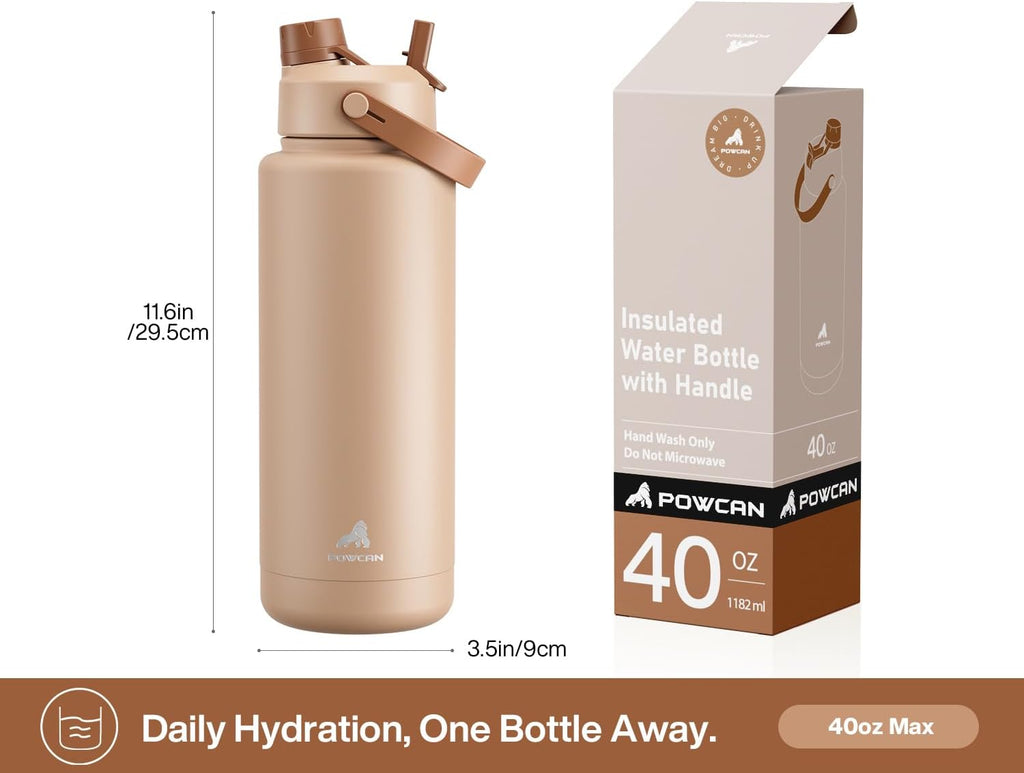 POWCAN 40 oz Insulated Water Bottle - 2-in-1 Straw & Spout Lid, Leak-Proof, BPA-Free, Mocha