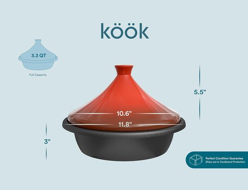 KooK Moroccan Tagine - Enameled Cast Iron Cooking Pot with Ceramic Lid - 3.3 QT in Crimson