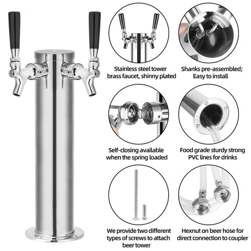 TMCRAFT Dual Faucet Draft Beer Tower Dispenser, Polished Stainless Steel Beer Tower Dispenser Kit with Pre-Assembled Tubing and Self-Closing Faucet Shanks for Parties, Bars, Pubs, and Restaurants