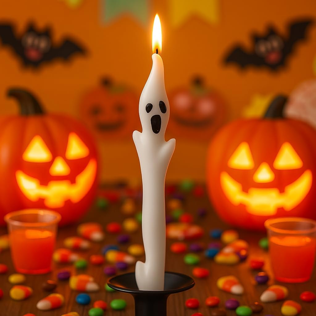Skiennix Halloween Ghost Candles Set - Cute White Taper Candles with Spooky Faces | 2-Piece Decor for Parties & Haunted Houses