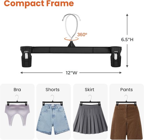 HOUSE DAY Black Pants Hangers - 25 Pack Non-Slip Clip Hangers with 360° Swivel Hook | Durable 12 Inch Space-Saving Design