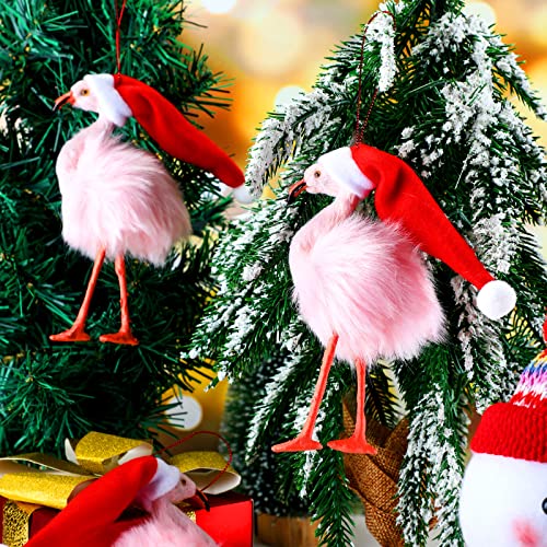 Jexine 3 Pack Pink Flamingo Christmas Ornaments - Plush Santa Hat Xmas Tree Decor