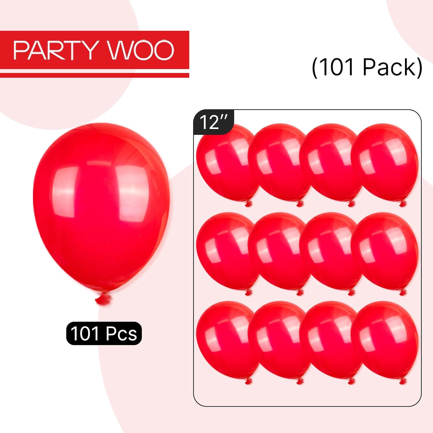 PartyWoo Red Helium Balloons - 12 Inch, 101 Pcs for Birthday, Graduation & Celebrations