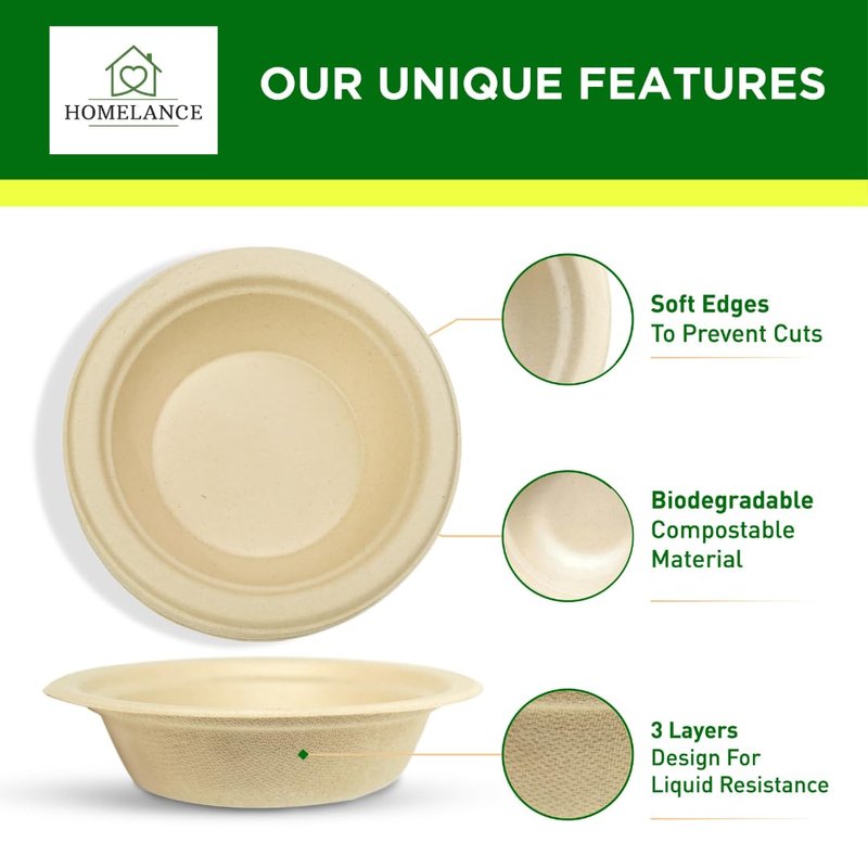 Homelance Compostable Bowls 12 OZ/350ml 150Pcs – Bamboo & Bagasse Disposable Bowls for Hot Soup-Temperature Resistant & Microwave Safe – Paper Bowls Disposable for Daily Meals
