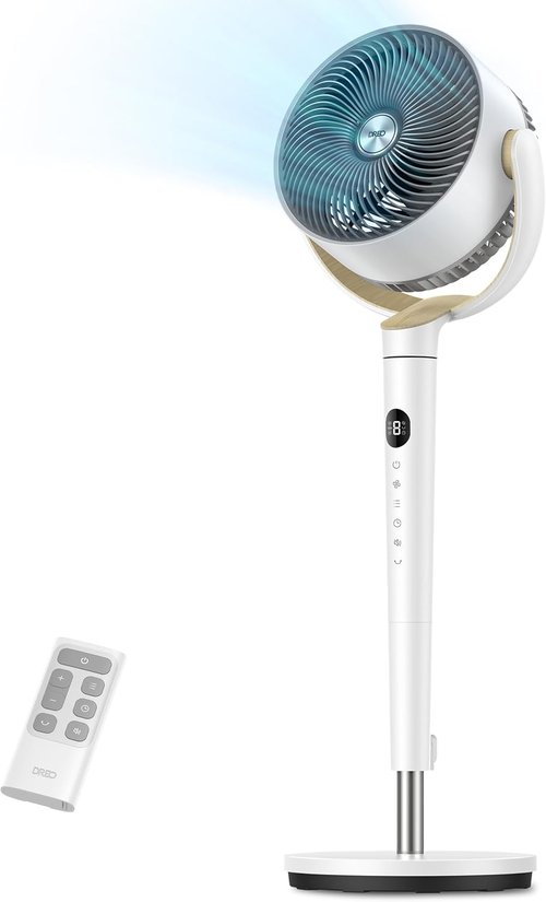 Dreo Oscillating Standing Fan - Quiet 120° Pedestal Fan with 9 Speeds & Adjustable Height (37-42") - White