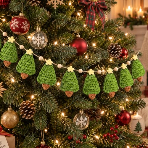 2 Pcs 6.7ft Crochet Christmas Tree Garland - Rustic Wood Bead Banner, LFUTARI