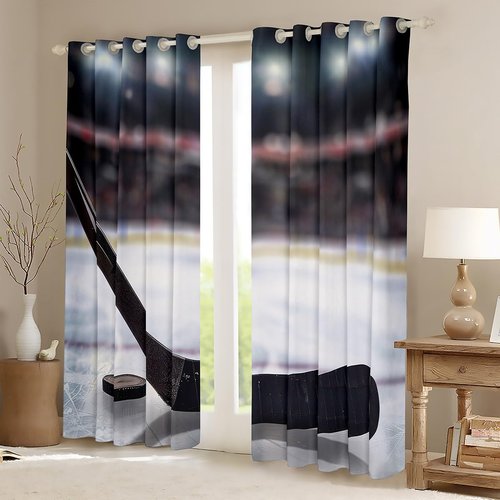 Ice Hockey Curtains for Bedroom Living Room for Girls Kids Sports Game Puck Sports Darkening Drapes Ice Sports Players Room Decorative Curtains Striped Window Treatments (2 Panels,52 x 63 Inch)