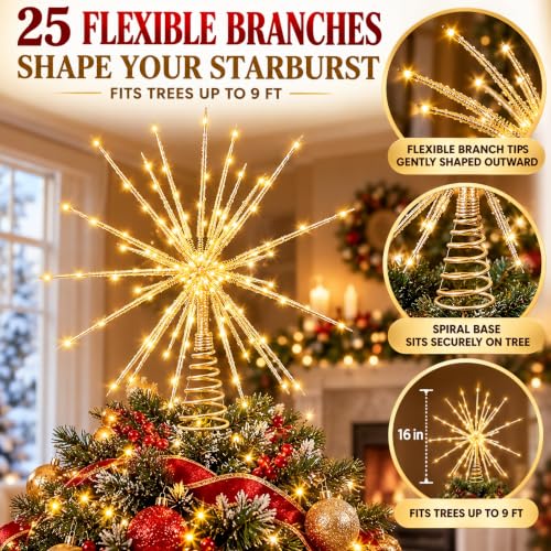 Meonum LED Starburst Christmas Tree Topper with Timer, Golden 16in