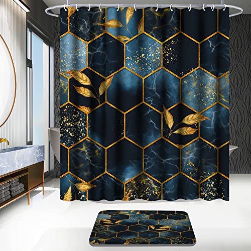 4-Piece Honeycomb Marble Shower Curtain Set with Non-Slip Bath Mat Rugs