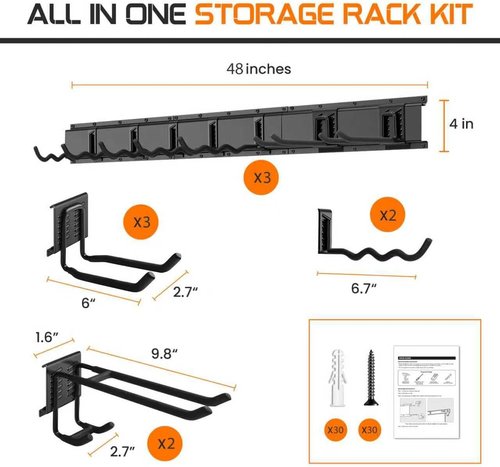 Garage Tool Organizer by 48 - Heavy Duty 520lbs Metal Wall Mount Rack with Adjustable Hooks for Garden Tools & Brooms