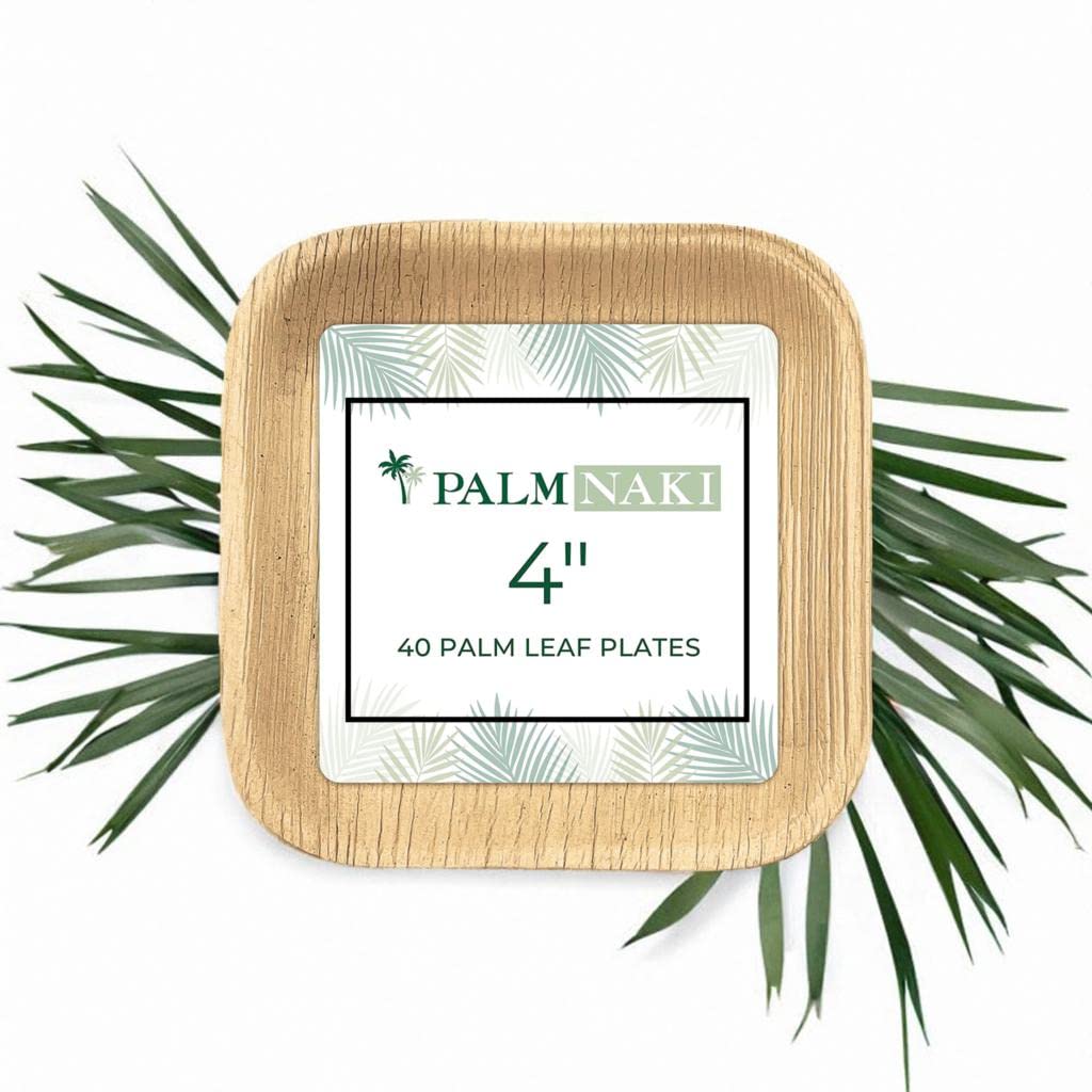 PALM NAKI Palm Leaf Plates | 4" Square Condiment Plates | Compostable Bamboo-Style Plates | Ideal for Events, Gatherings, and Everyday Elegance - 40 Pack