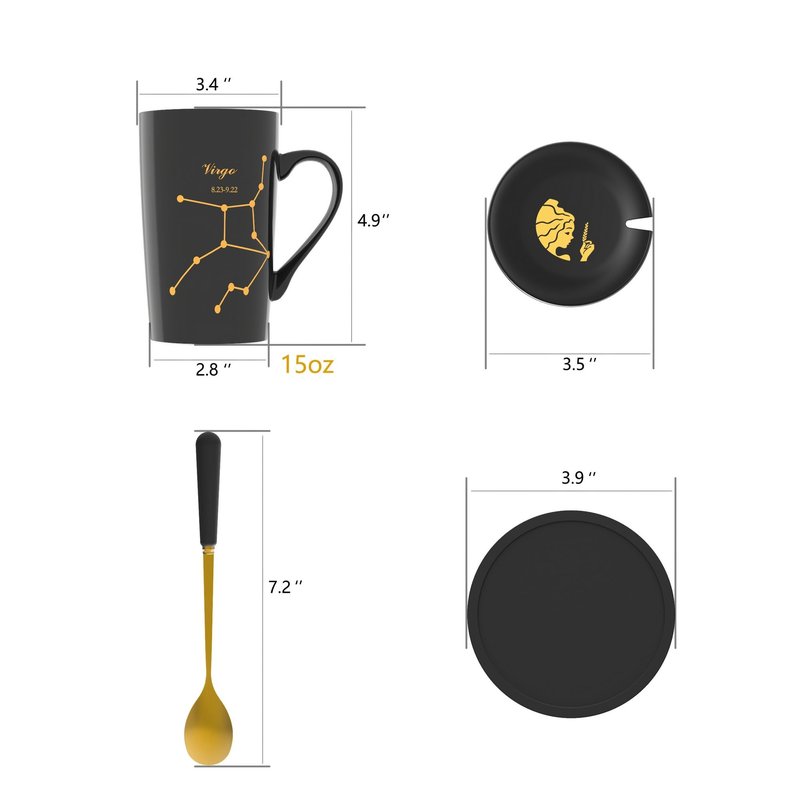 FULLCCI Virgo Birthday Gifts for Women 15oz Ceramic Coffee Mug with Lid Spoon Coaster Astrology Mugs Upgrade Porcelain Tea Cup Virgo Gifts (Black-Gold)