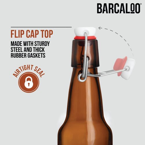 Barcaloo 12oz Flip Top Amber Glass Beer Bottles for Home Brewing - Set of 12 with Flip Caps for Beer and Wine Bottling - Family Owned American Business