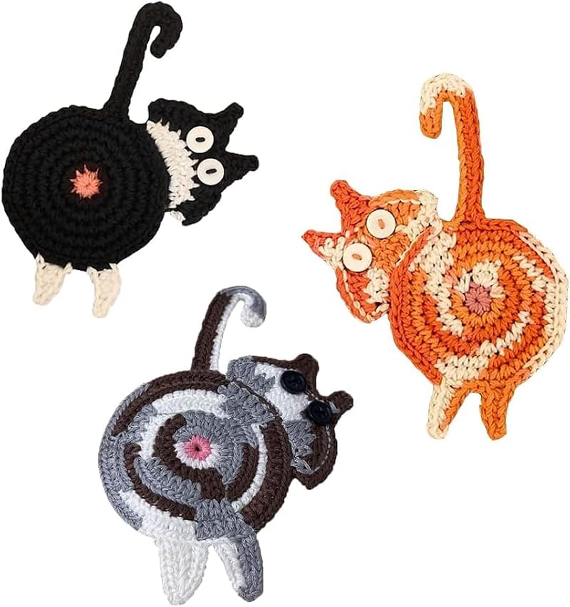 Graceice 3pcs Cat Woven Coasters - Cute Hand Knitted Drink Protectors for Cat Lovers