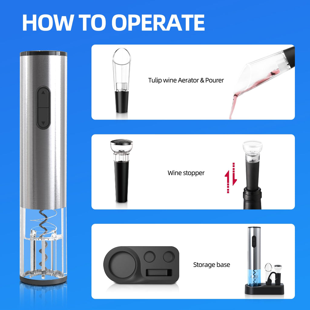 Liuzouwin5-in-1 ElectricWine Bottle Opener Set Battery Operated Reusable Corkscrew with Storage Base, Foil Cutter, Wine Pour& Wine Stopper (Silver)