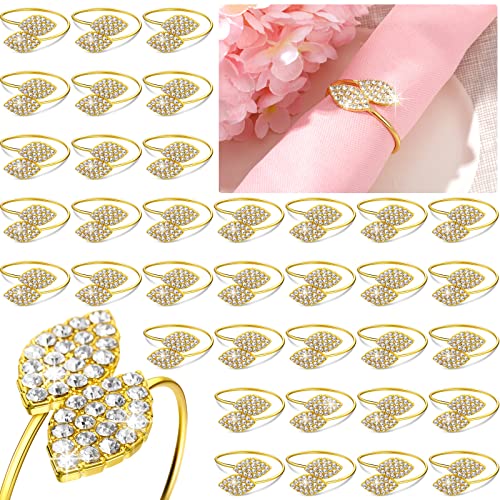 Hotop 250Pcs Gold Napkin Rings Leaves Design, Rhinestone Accents – Table Decor