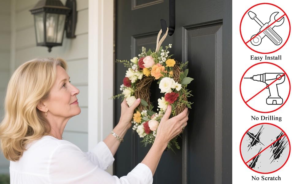Sattiyrch 15" Wreath Hanger - Sturdy Steel Over The Door Hook for Front Door Decor (Silver)