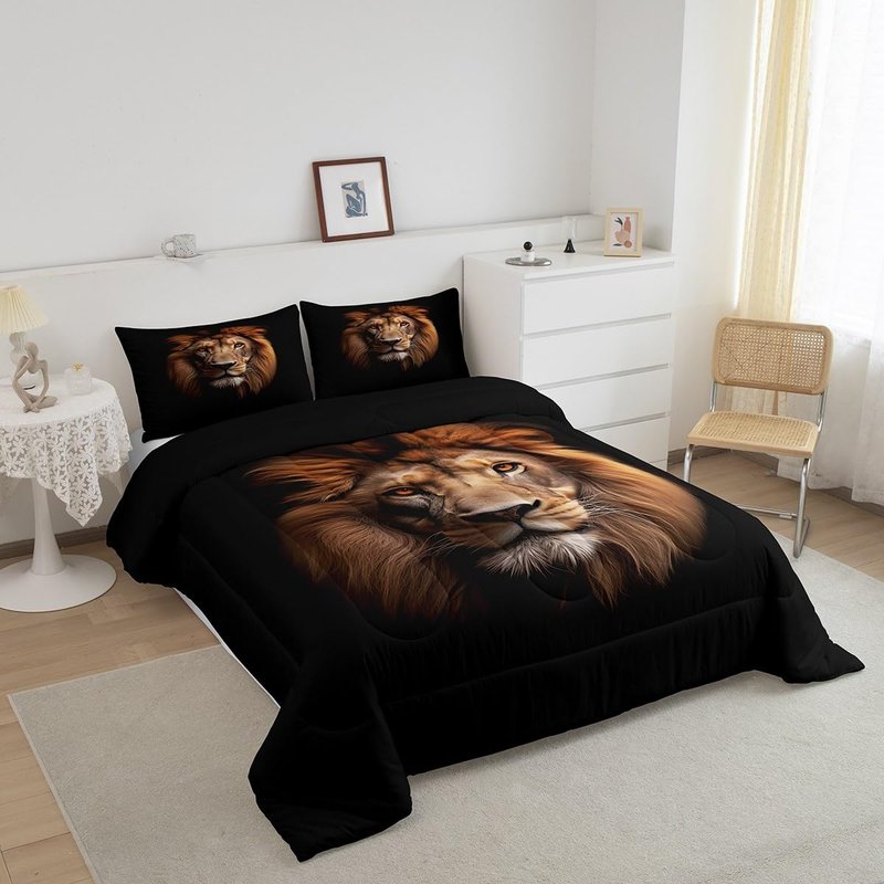 Homewish Lion Kids Comforter Set Twin Size,Wild Animals Wildlife Fur Bedding Set,Girls Boys Women Room Decor,Jungle Animals Hunting Down Comforter,Brown Black Retro Duvet Insert,1 Pillowcase
