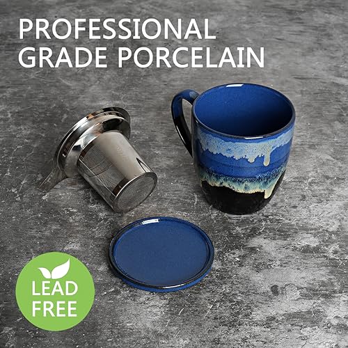 Bosmarlin Blue Ceramic Tea Mug with Infuser & Lid 16 Oz – Dishwasher & Microwave Safe
