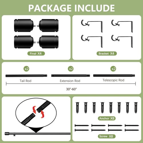 Adjustable Black Curtain Rods by [Brand Name] - 5/8” Diameter, 30-60 Inch for Windows | 2 Pack