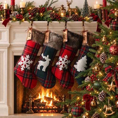 Heritage 18in Christmas Stockings Set of 4 with Faux Fur Cuff & Personalizable Leather Tags