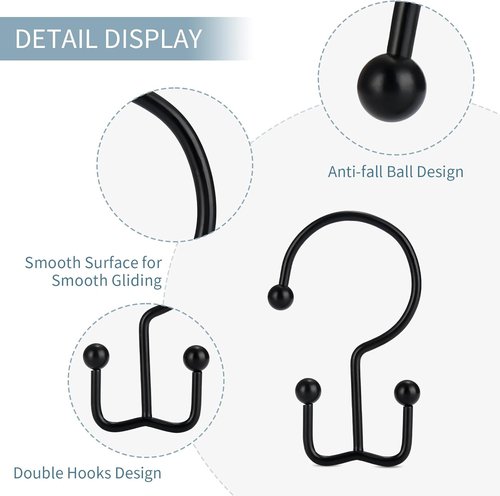 Goowin Shower Curtain Hooks - 12 Durable Rust-Proof Black Rings for Easy Glide Installation
