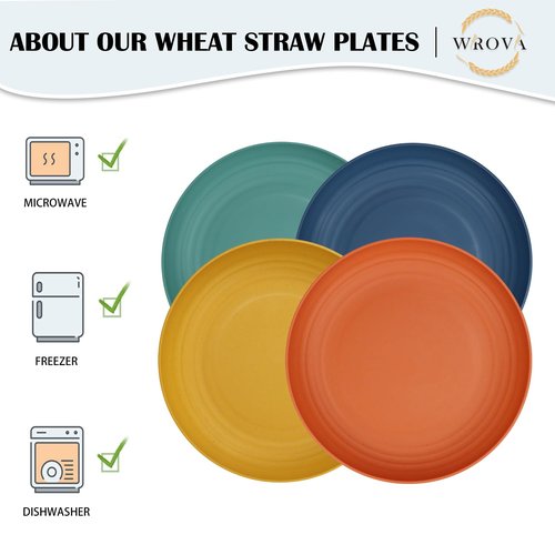 Wrova Large Wheat Straw Dinner Plates - 11 Inch Unbreakable Big Set of 8 - Dishwasher & Microwave Safe Plastic Plates - Deep Edge for Kitchen & Camping (Colorful)